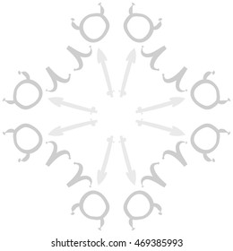 Circular pattern of zodiac signs, doodles,  object, taurus,aries,sagittarius , copy space. Hand drawn.