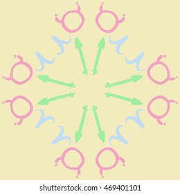 Circular pattern of zodiac signs, doodles,  object, taurus,aries,sagittarius , copy space. Hand drawn.