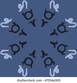 Circular pattern of zodiac signs, doodles,  object, taurus,aries,capricorn, copy space. Hand drawn.