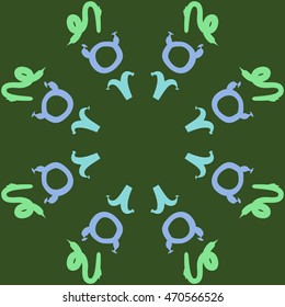 Circular pattern of zodiac signs, doodles,  object, taurus,aries,capricorn, copy space. Hand drawn.