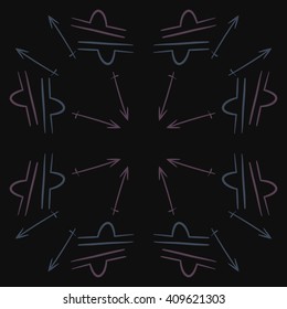 Circular   pattern of zodiac signs, doodles,libra, sagittarius,object,  copy space. Hand drawn.