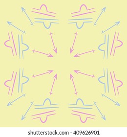 Circular   pattern of zodiac signs, doodles,libra, sagittarius,object,  copy space. Hand drawn.