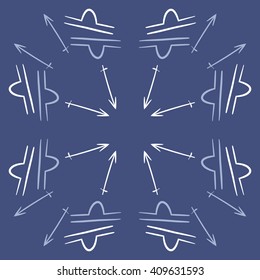 Circular   pattern of zodiac signs, doodles,libra, sagittarius,object,  copy space. Hand drawn.