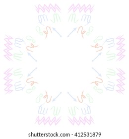 Circular pattern of zodiac signs, doodles,lions, capricorn,object,aquarius, virgo,sagittarius,scorpio,  copy space. Hand drawn.