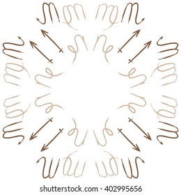 Circular  pattern of zodiac signs motif,sagittarius,virgo, capricorn, scorpio, object, copy space. Hand drawn.