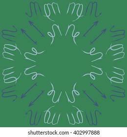 Circular  pattern of zodiac signs motif,sagittarius,virgo, capricorn, scorpio, object, copy space. Hand drawn.