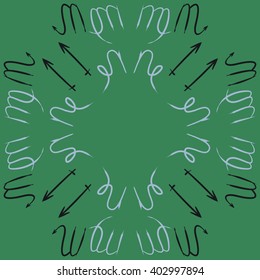 Circular  pattern of zodiac signs motif,sagittarius,virgo, capricorn, scorpio, object, copy space. Hand drawn.