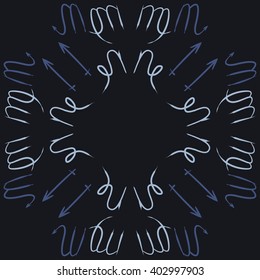 Circular  pattern of zodiac signs motif,sagittarius,virgo, capricorn, scorpio, object, copy space. Hand drawn.