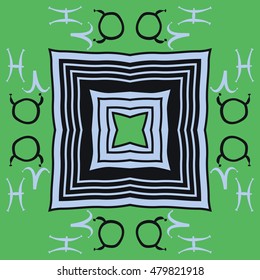 Circular  pattern with zodiac signs,stars, striped. Hand drawn.