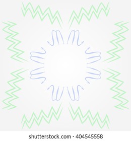 Circular pattern of zodiac sings, scorpio, aquarius,zigzag, copy space. Hand drawn.