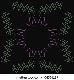Circular pattern of zodiac sings, scorpio, aquarius,zigzag, copy space. Hand drawn.