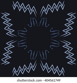 Circular pattern of zodiac sings, scorpio, aquarius,zigzag, copy space. Hand drawn.
