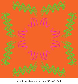 Circular pattern of zodiac sings, scorpio, aquarius,zigzag, copy space. Hand drawn.