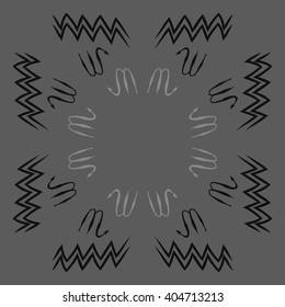 Circular pattern of zodiac sings, scorpio, aquarius,zigzag, copy space. Hand drawn.