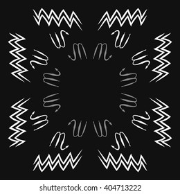 Circular pattern of zodiac sings, scorpio, aquarius,zigzag, copy space. Hand drawn.
