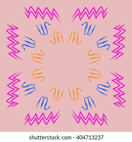 Circular pattern of zodiac sings, scorpio, aquarius,zigzag, copy space. Hand drawn.