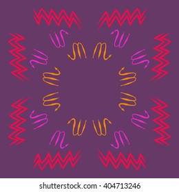 Circular pattern of zodiac sings, scorpio, aquarius,zigzag, copy space. Hand drawn.