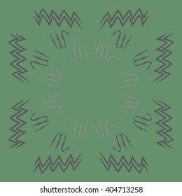 Circular pattern of zodiac sings, scorpio, aquarius,zigzag, copy space. Hand drawn.