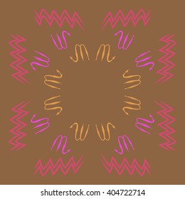 Circular pattern of zodiac sings, scorpio, aquarius,zigzag, copy space. Hand drawn.