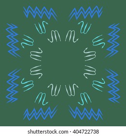 Circular pattern of zodiac sings, scorpio, aquarius,zigzag, copy space. Hand drawn.