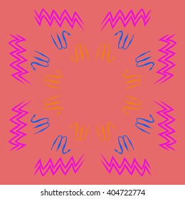 Circular pattern of zodiac sings, scorpio, aquarius,zigzag, copy space. Hand drawn.