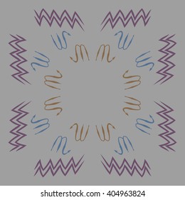 Circular pattern of zodiac sings, scorpio, aquarius,zigzag, copy space. Hand drawn.