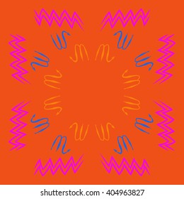 Circular pattern of zodiac sings, scorpio, aquarius,zigzag, copy space. Hand drawn.
