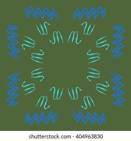 Circular pattern of zodiac sings, scorpio, aquarius,zigzag, copy space. Hand drawn.