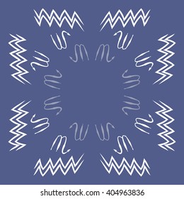 Circular pattern of zodiac sings, scorpio, aquarius,zigzag, copy space. Hand drawn.