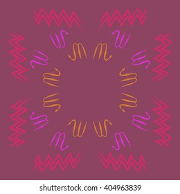 Circular pattern of zodiac sings, scorpio, aquarius,zigzag, copy space. Hand drawn.