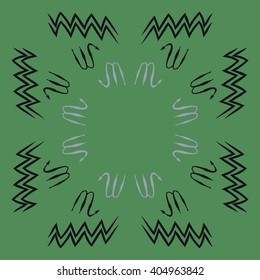 Circular pattern of zodiac sings, scorpio, aquarius,zigzag, copy space. Hand drawn.