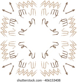 Circular   pattern of zodiac sings, virgo,sagittarius, capricorn,scorpio, aquarius,zigzag, copy space. Hand drawn.