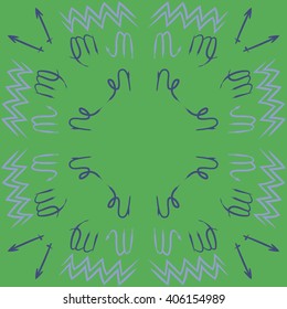 Circular   pattern of zodiac sings, virgo,sagittarius, capricorn,scorpio, aquarius,zigzag, copy space. Hand drawn.