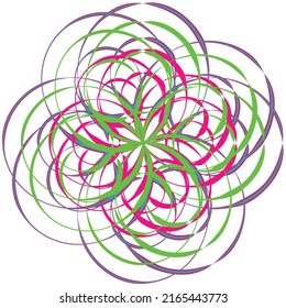 Ilustración vectorial. Flores geométricas coloridas. Símbolos.  Geometría. Flores que se solapan en círculo. Fondo blanco. Ilustración.