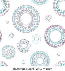 Circular patterns. Bright seamless rattern. Design of fabric, wallpaper, wrapping paper. Vector