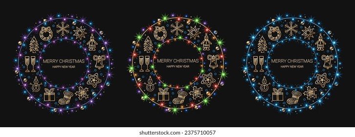 Circular patterns, ornaments with festive garland, lights, sparkles,outline icon of Christmas symbols, objects.