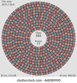 Circular paving tile pattern with a quantitative and dimensional description data. Vector pavers texture