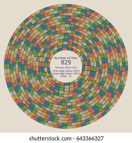 Circular paving tile pattern with a quantitative and dimensional description data. Vector pavers texture for landscaping, gardening, urban spaces, architecture, design, concrete molding, stencils