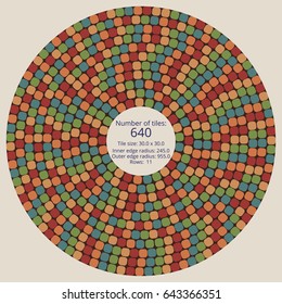 Circular paving tile pattern with a quantitative and dimensional description data. Vector pavers texture for landscaping, gardening, urban spaces, architecture, design, concrete molding, stencils