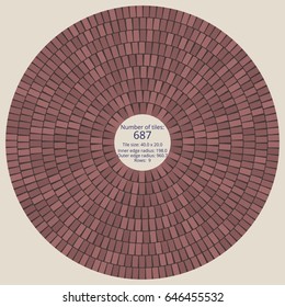 Circular paving tile pattern with a quantitative and dimensional description data. Vector pavers texture for landscaping, gardening, urban spaces, architecture, design, concrete molding, stencils