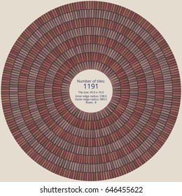 Circular paving tile pattern with a quantitative and dimensional description data. Vector pavers texture for landscaping, gardening, urban spaces, architecture, design, concrete molding, stencils