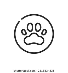 Circular Paw Sign. Vector Outline Editable Icon of Animal Footprint Inside Circle representing Pet Identity and Care Symbol.