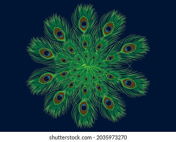 Circular peacock feather pattern on dark blue background. Peacock pattern handwritten design
