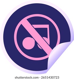 circular peeling sticker cartoon of a no music sign in bright neon color
