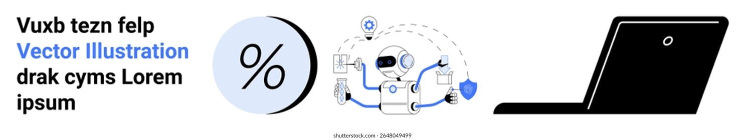 Circular percentage icon, central tech diagram with gears and connections, and a sleek laptop. Ideal for business, tech startups, data analytics, digital marketing, web development, online education