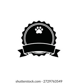 Circular pet award emblem, featuring paw print and ribbon. Recognition for pet services, celebrate achievements, veterinary, grooming, show.