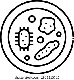 Circular petri dish containing various green bacterial cells and microorganisms. This microbiological view illustrates cell culturing and genetic mutation studies. Suitable for pathology laboratory brochures and microbiology textbooks.