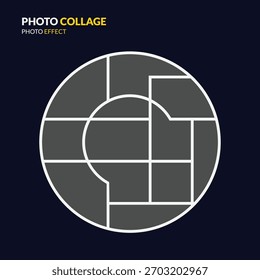 A circular photo collage template featuring a grid of geometric shapes and white dividing lines against a dark blue background. Ideal for creative presentations.
