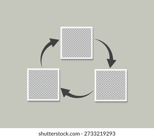 Collage de marco de fotos circular con flechas giratorias, que muestra un proceso o concepto de flujo de trabajo en un fondo neutral suave con espacio de copia.