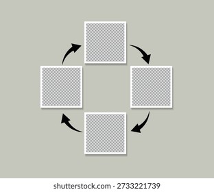 Circular photo frame collage with rotating arrows, showing a process or workflow concept on a soft neutral background 